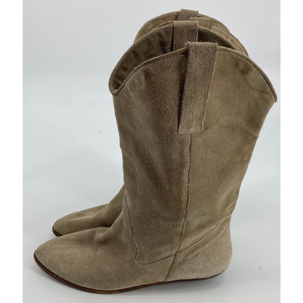VTG 9 West women 7M mid calf beige suede leather pointed toe cowboy boots - Picture 5 of 8